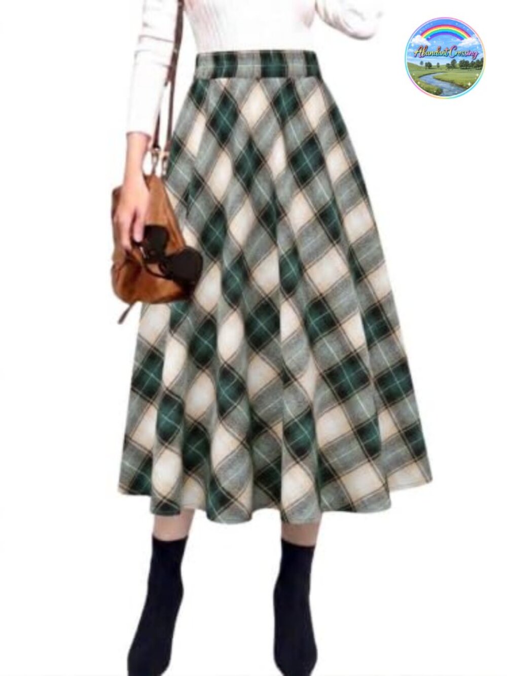 Plaid A-Line Midi Pleated Skirt Elastic Waist Side Pocket